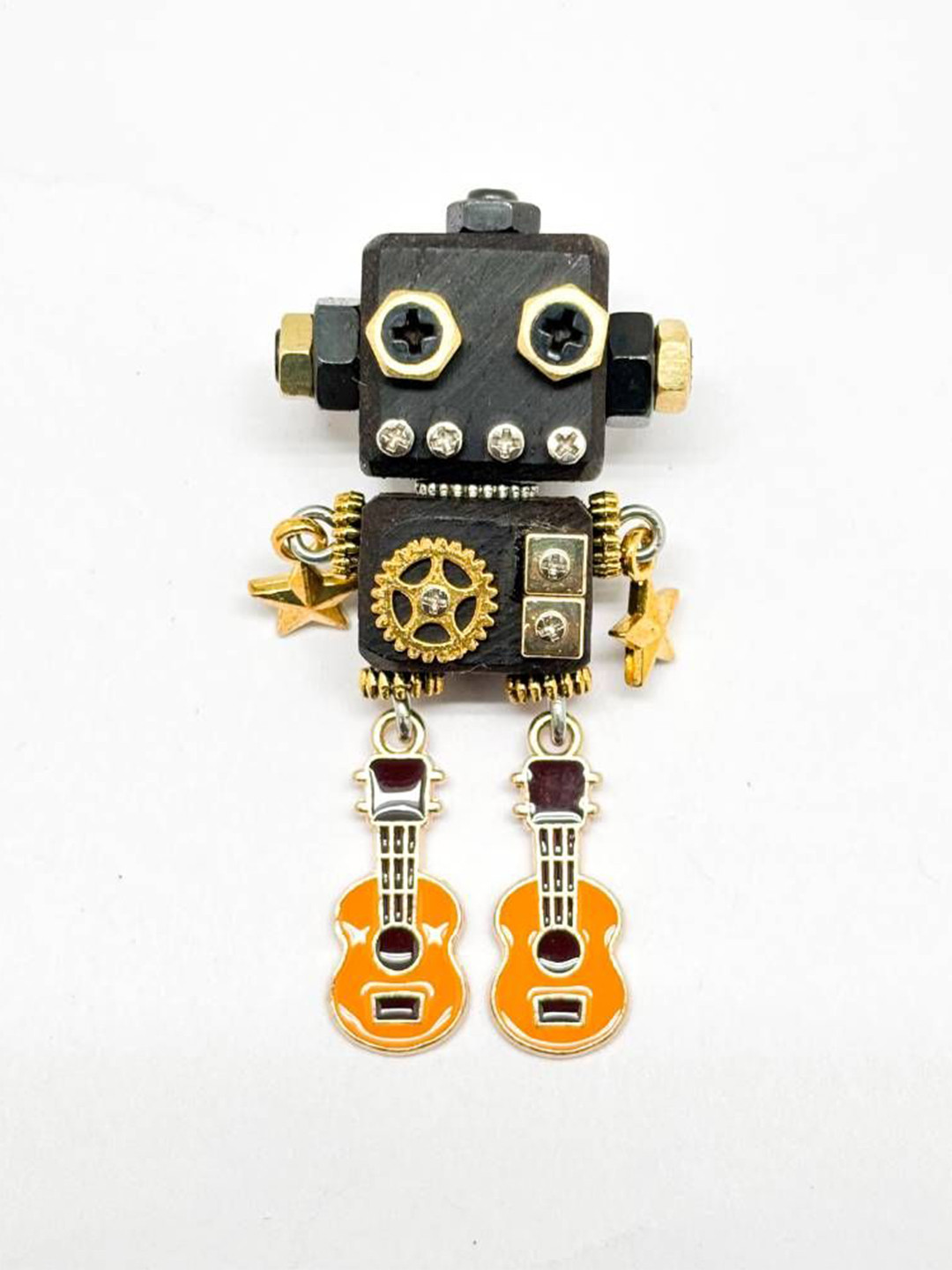 The Tie Hub The Tie Hub Black & Gold Wooden & Brass Twin Guitar Robot Lapel Pin Brooch