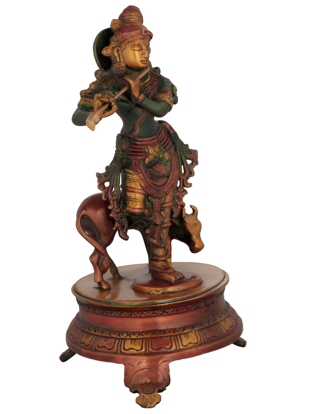 Exotic India Fluting Krishna with His Cow Brown Brass Metallic Prayer Room Medium Showpiece - 10.5 Inches