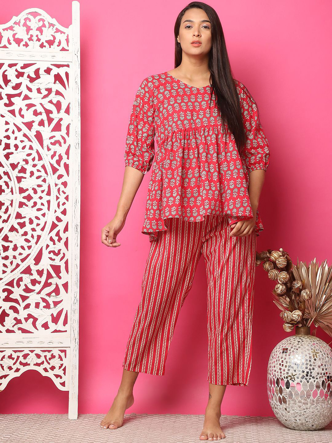ETC Women Ethnic Motifs Printed Cotton Peplum Top and Pant Nightsuit Set