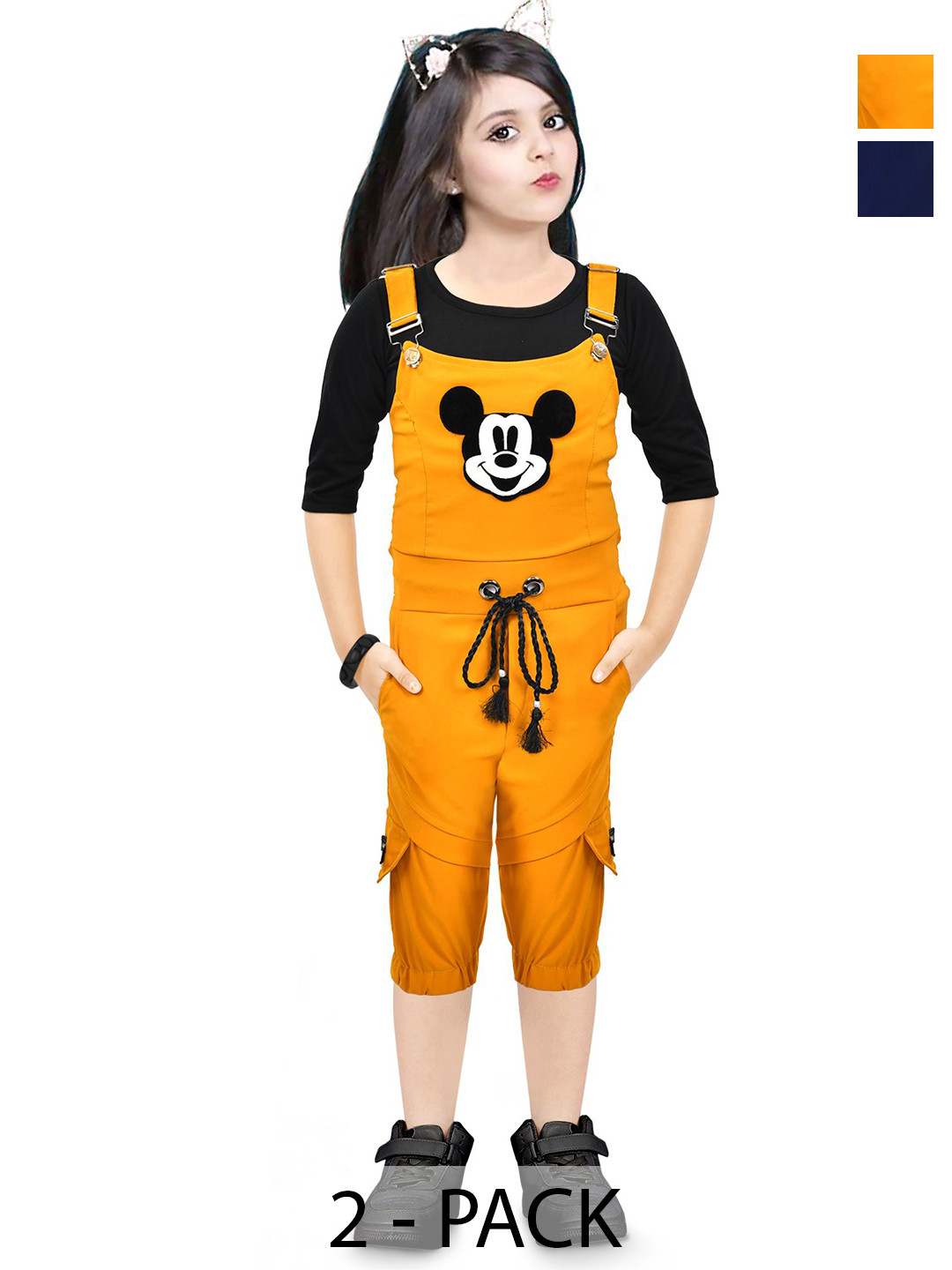 NAIVETY Girls Pack of 2 Mickey Mouse Embroidered Romper Dungarees With T-shirts
