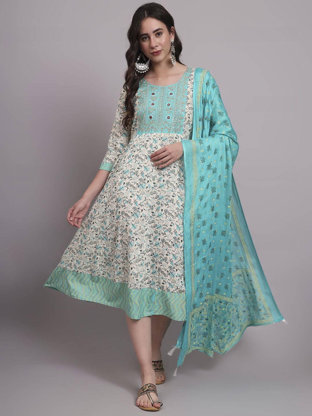 aayusika Printed & Embroidered Work Dress & Dupatta Set
