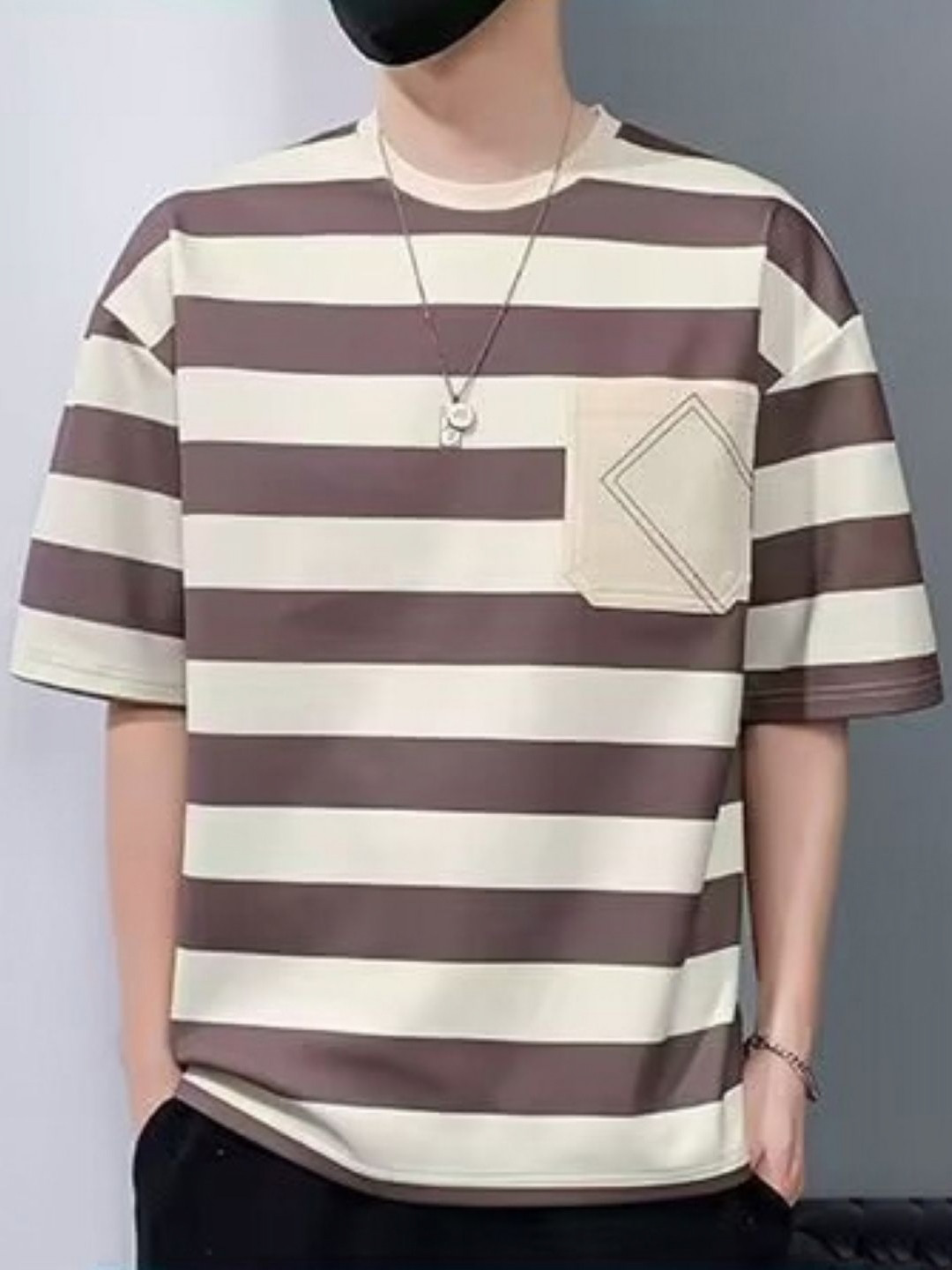 Brown and Beige Striped Round Neck Regular Fit T-shirt