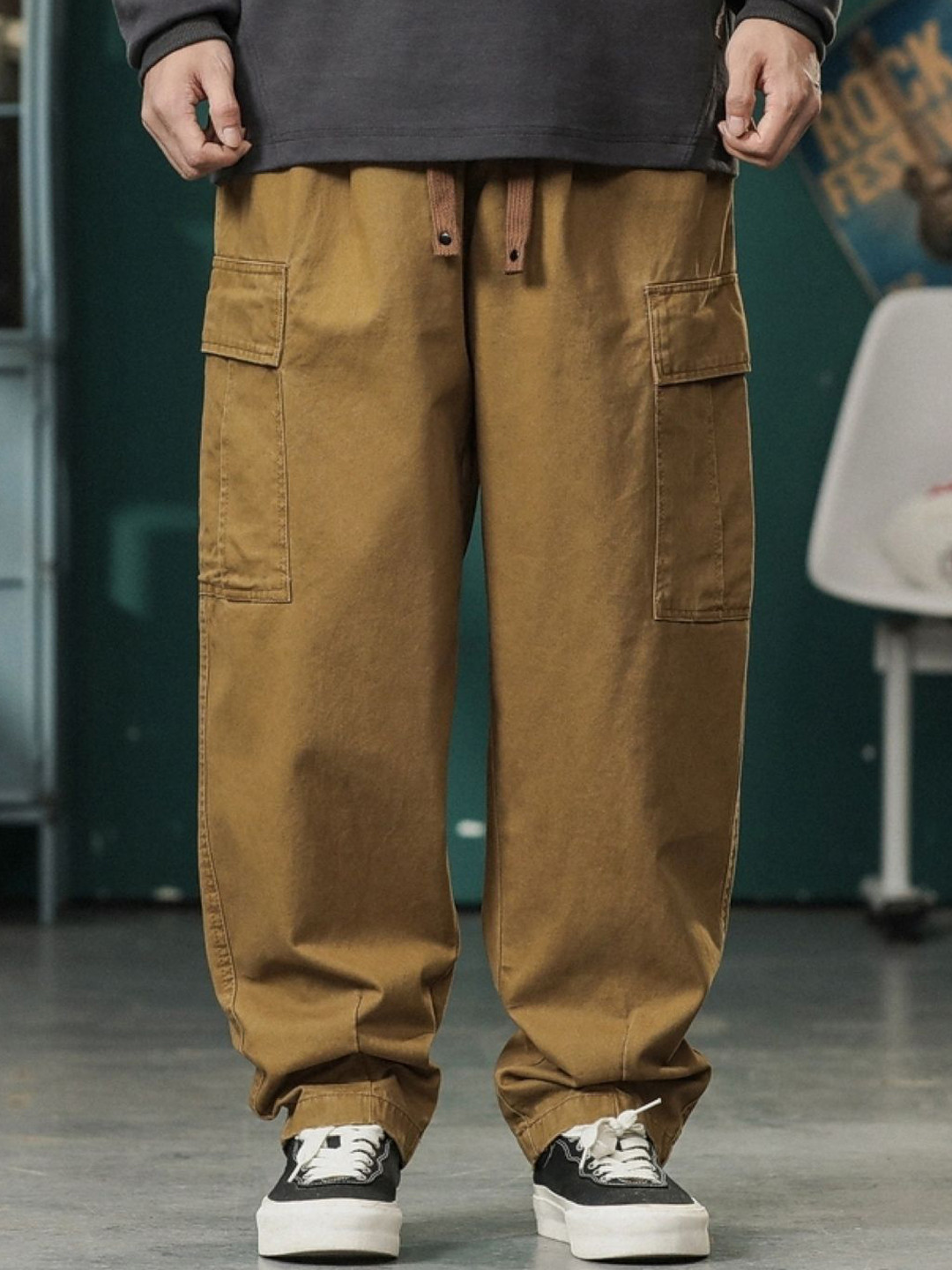 Khaki Loose Fit Cargo Trousers for Men