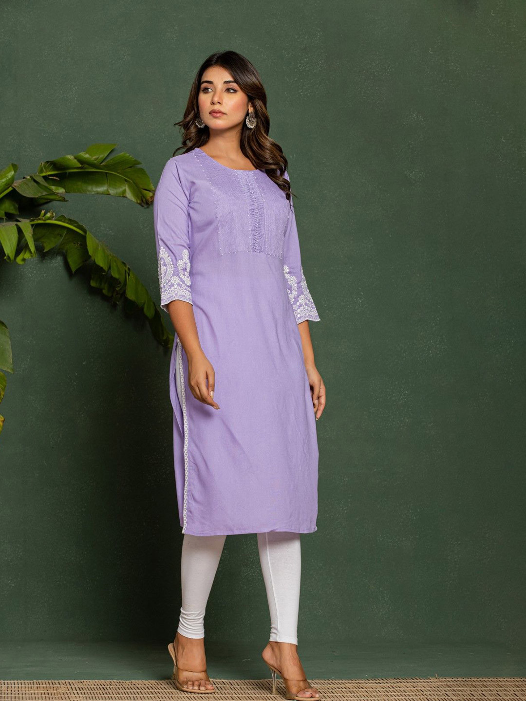 AUTUMN LANE Uma Lilac Floral Yoke Embroidered Straight Cotton Kurtas