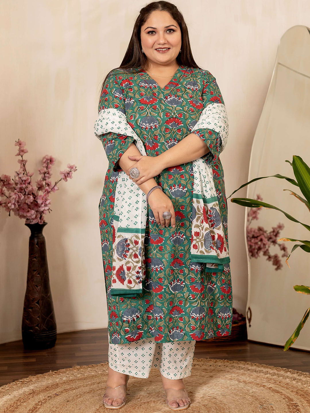 LALI JAIPUR Plus Size Floral Printed V-Neck Pure Cotton Kurta With Trousers And Dupatta