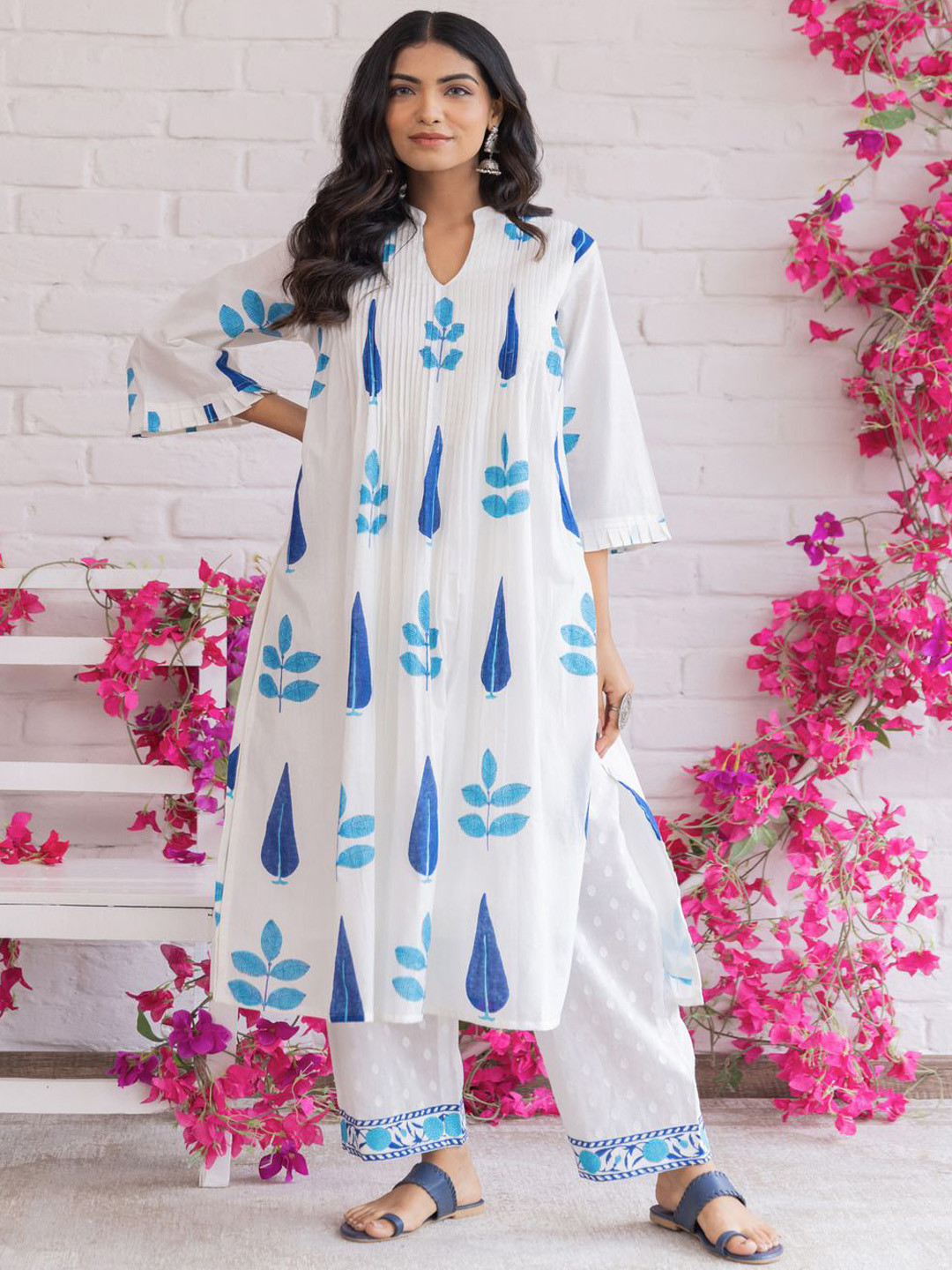 AUTUMN LANE Samragi Indi Floral Printed Mandarin Collar Pure Cotton Kurta With Palazzos