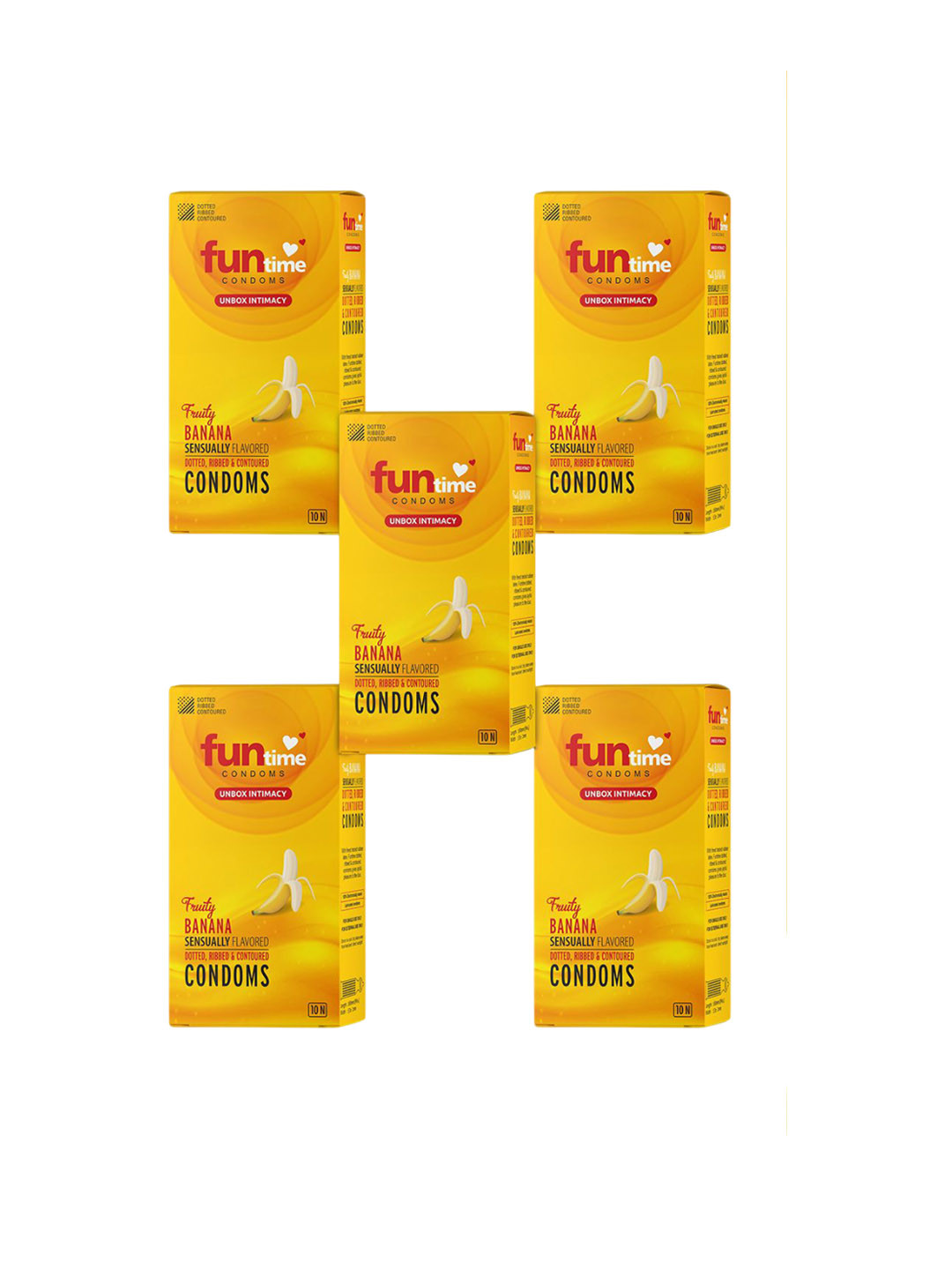 Funtime Pack Of 5 Ribbed Long Lasting Climax Control Condoms- 50 Pcs- Banana Flavour