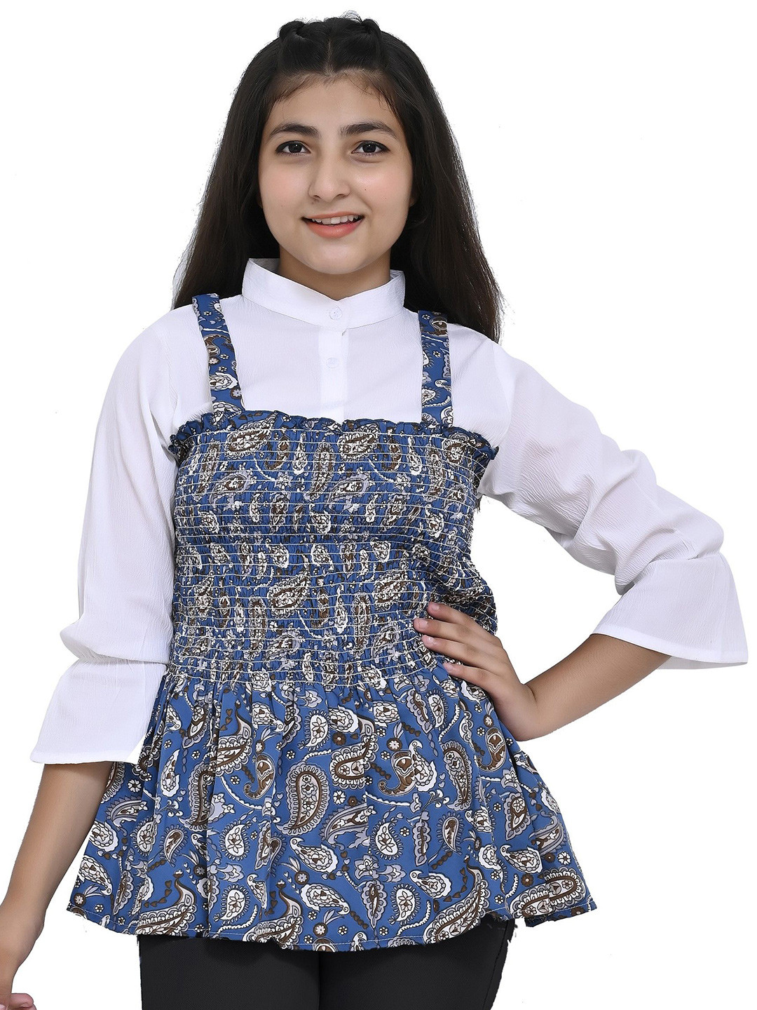 LIME N LEMON Girls Floral Print Shoulder straps Bell Sleeve Peplum Top