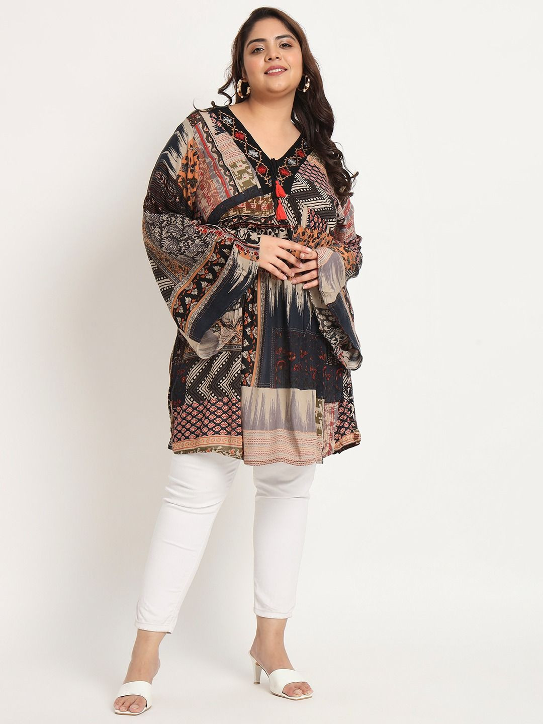 VELDRESS Women V-Neck Ethnic Motifs Printed Long Line Top