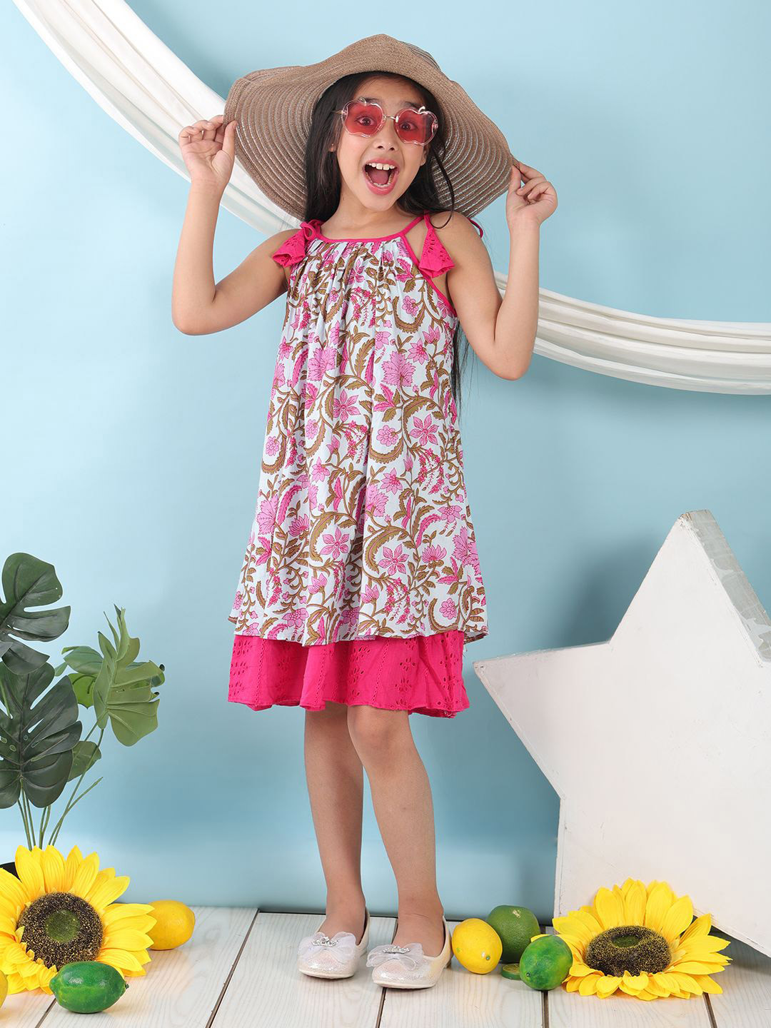 Here&Now X Kinder Kids Girls Off-Shoulder Floral Printed A-Line Midi Dress