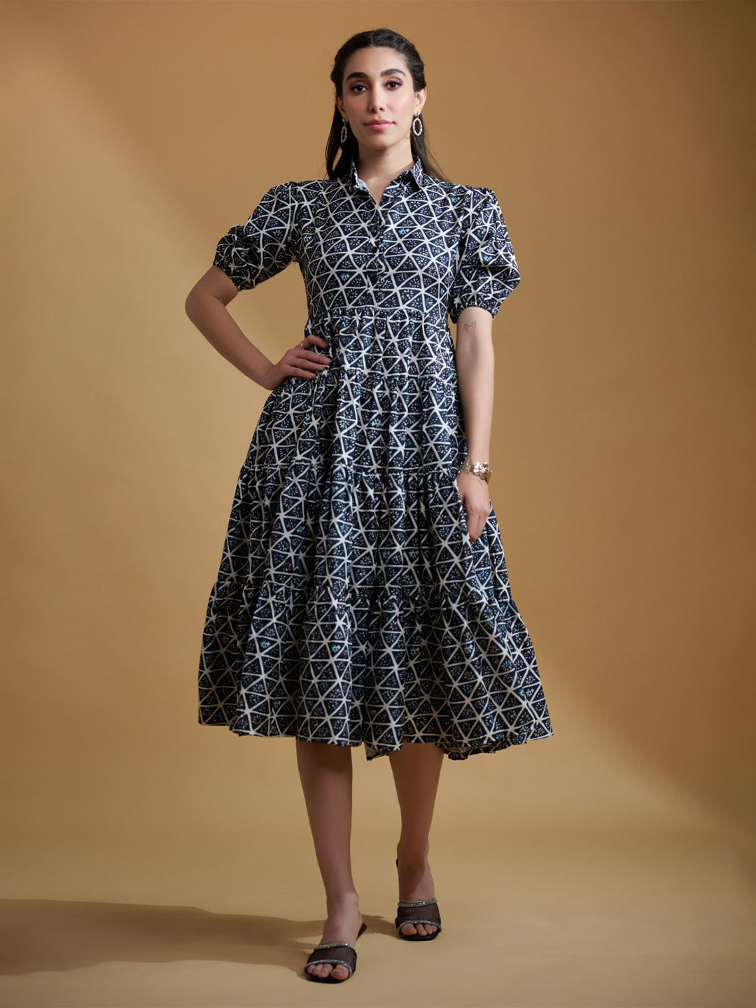 The Roadster Women Geometric  Gathered or Pleated Fit and Flare Midi Dresses