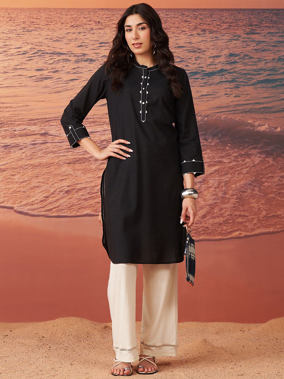 Lakshita Navy Monochrome Lyocell Kurta for Women
