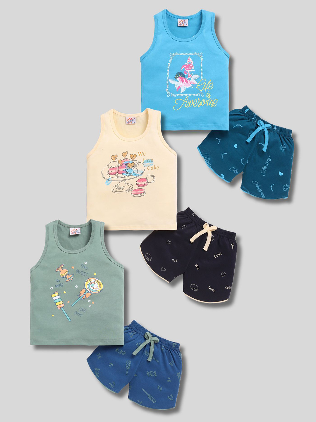 Universal Stars Boys Pack Of 3 Printed Round Neck Pure Cotton T-shirt With Shorts