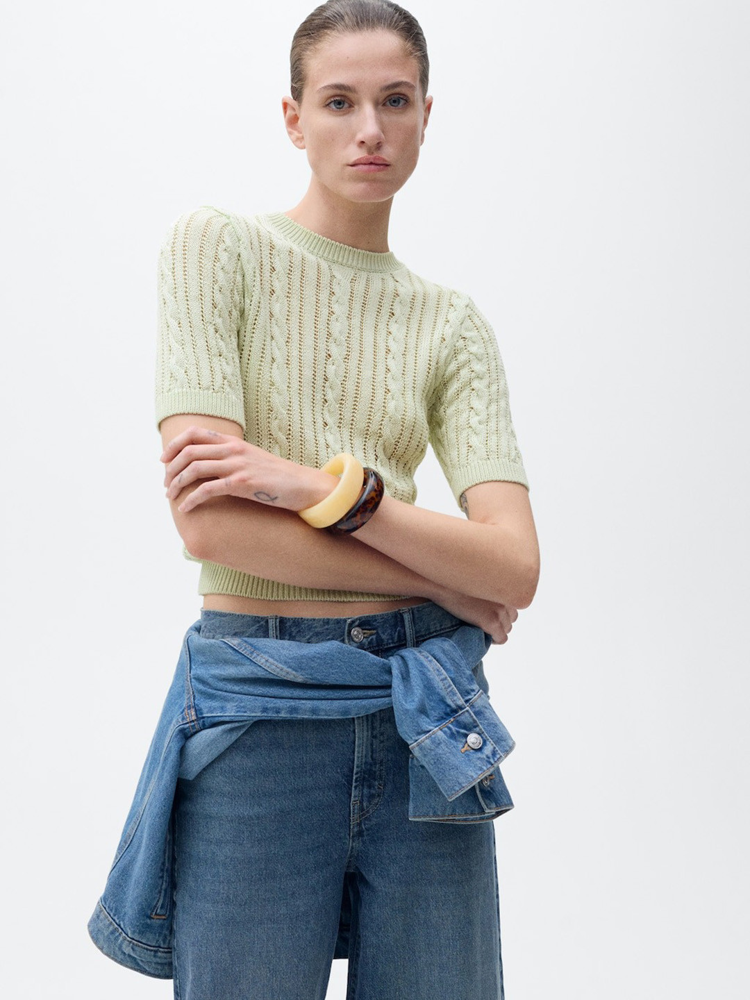 MANGO Cable Knit Short Sleeve Top
