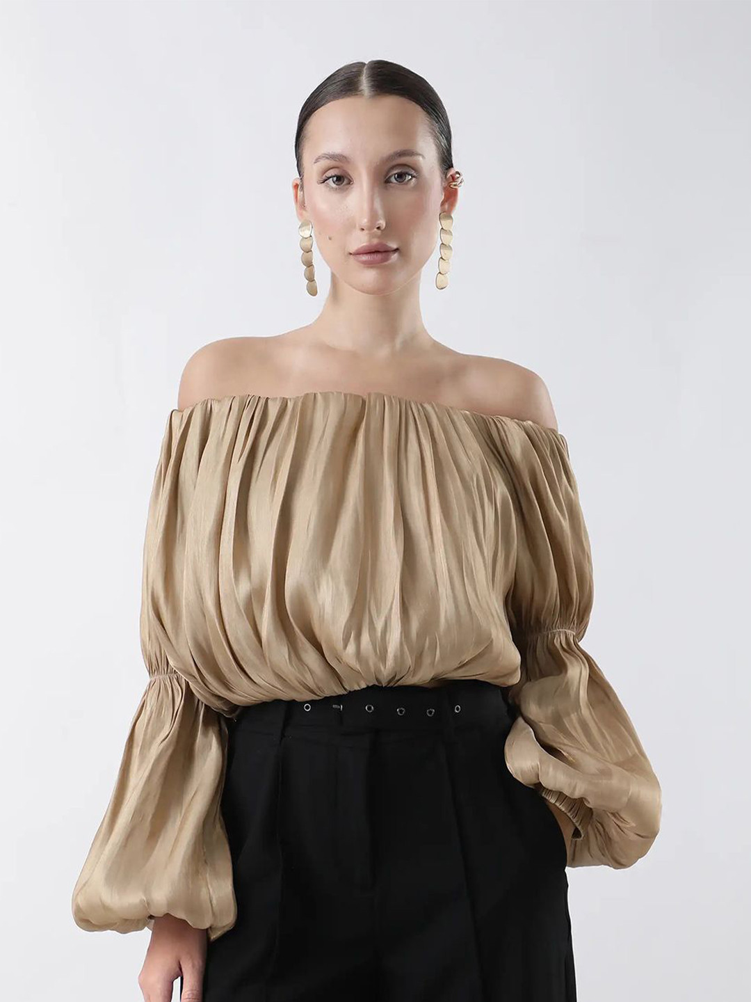 RAREISM Trese Metallic Gold Puff Sleeve Off-Shoulder Balloon Top