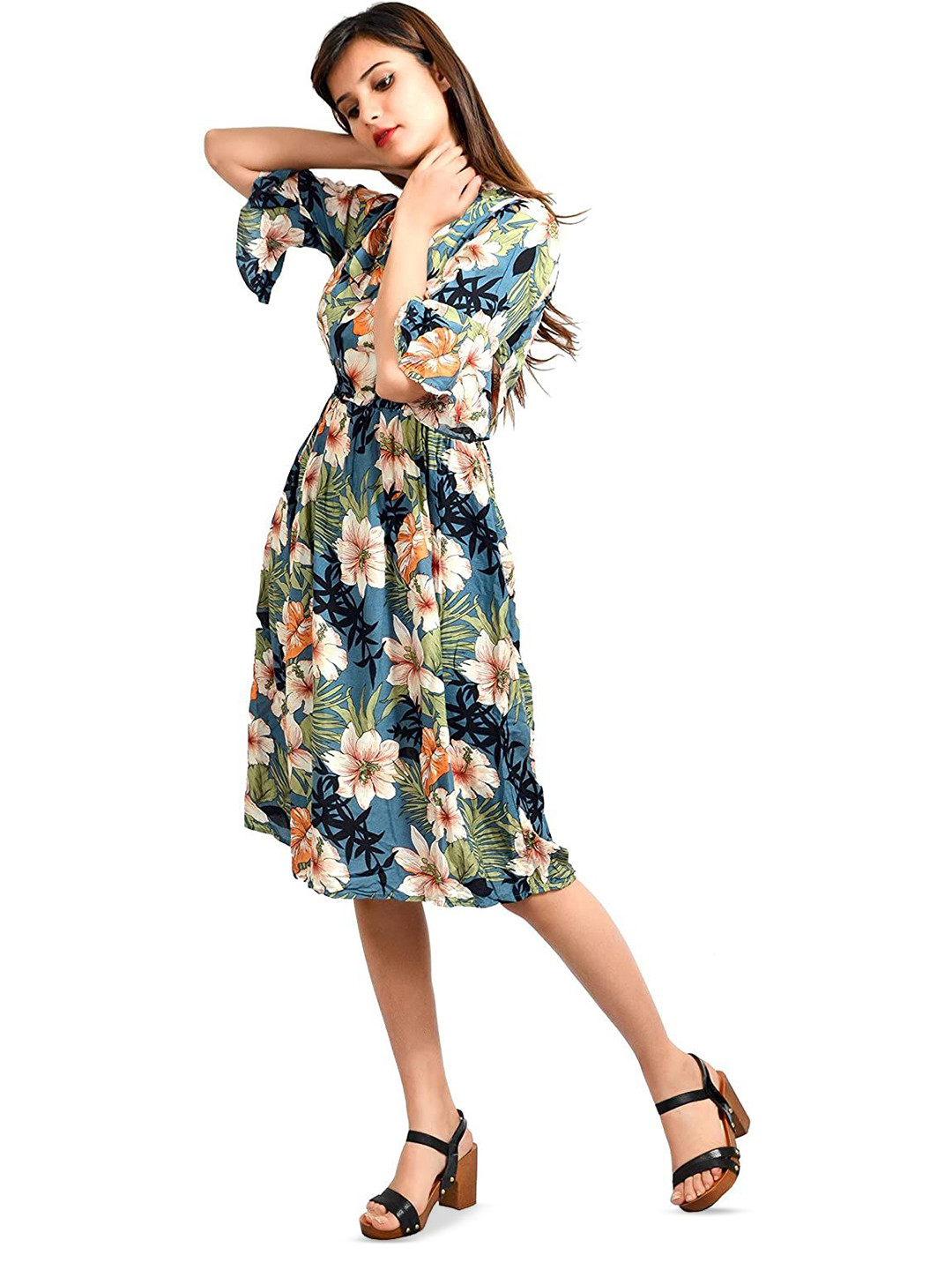 WOOL 4U Floral Print Bell Sleeve Shirt Dress