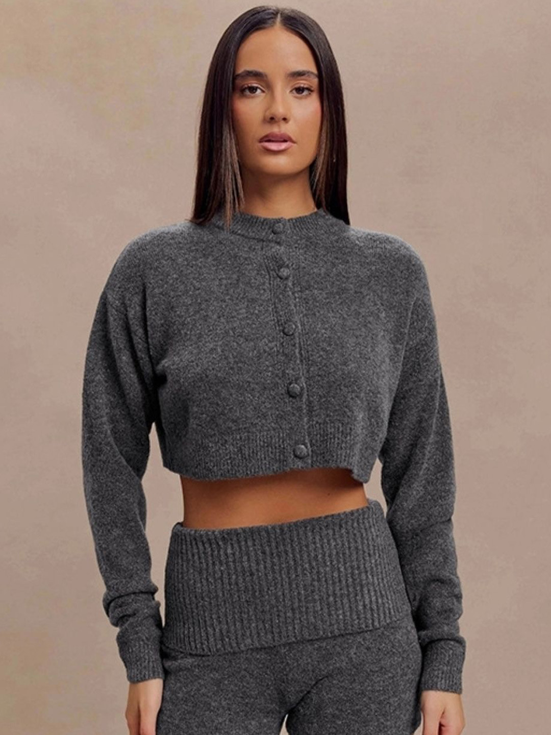 KPOP Grey Round Neck Long Sleeves Crop Top