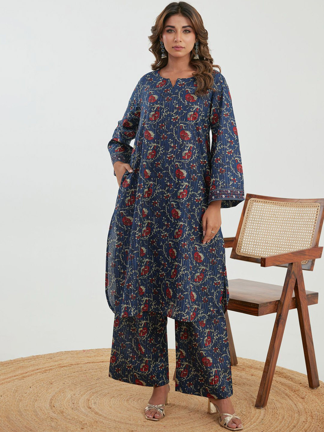 AUTUMN LANE Samragi Floral Printed Pure Cotton Kurta With Palazzos