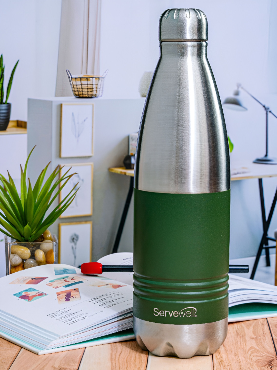 Servewell INDUS Green Colourblocked Stainless Steel Double Wall Vacuum Water Bottle - 1L