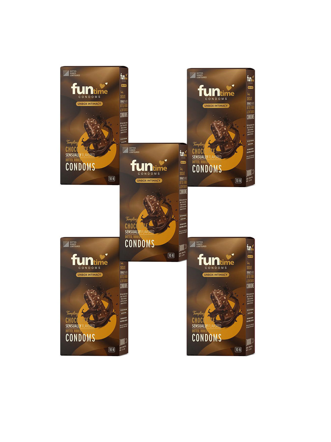 Funtime Pack Of 5 Chocolate Flavor Long Lasting Dotted & Ribbed Condoms - 50 Pcs