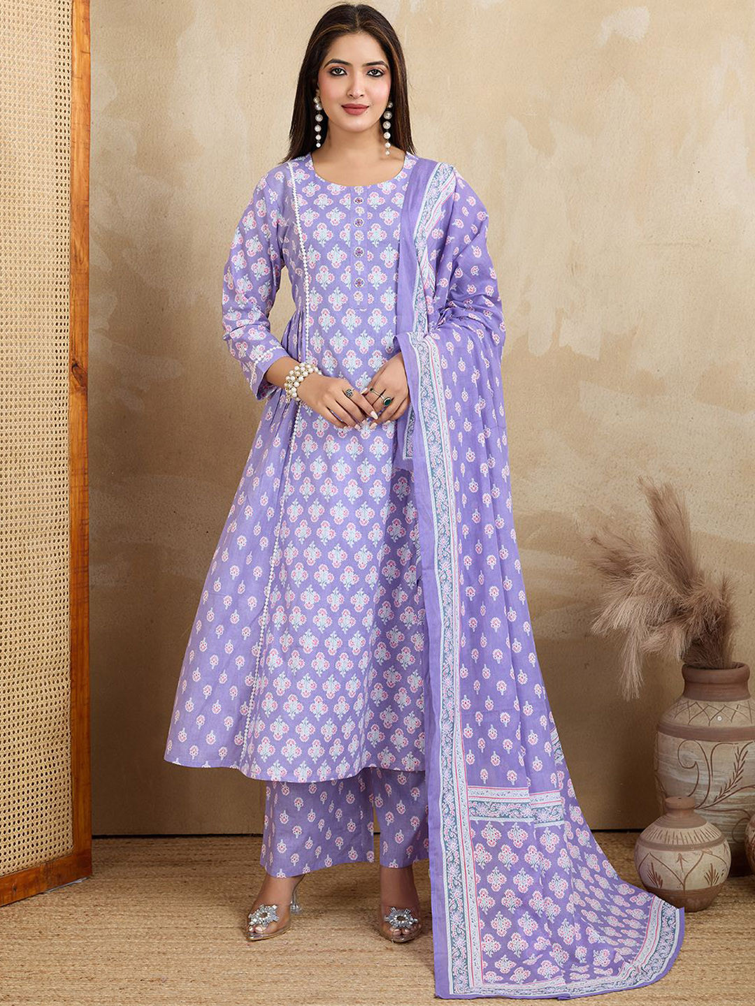 NIKATT Floral Printed Beads and Stones Pure Cotton A-Line Kurta With Palazzos