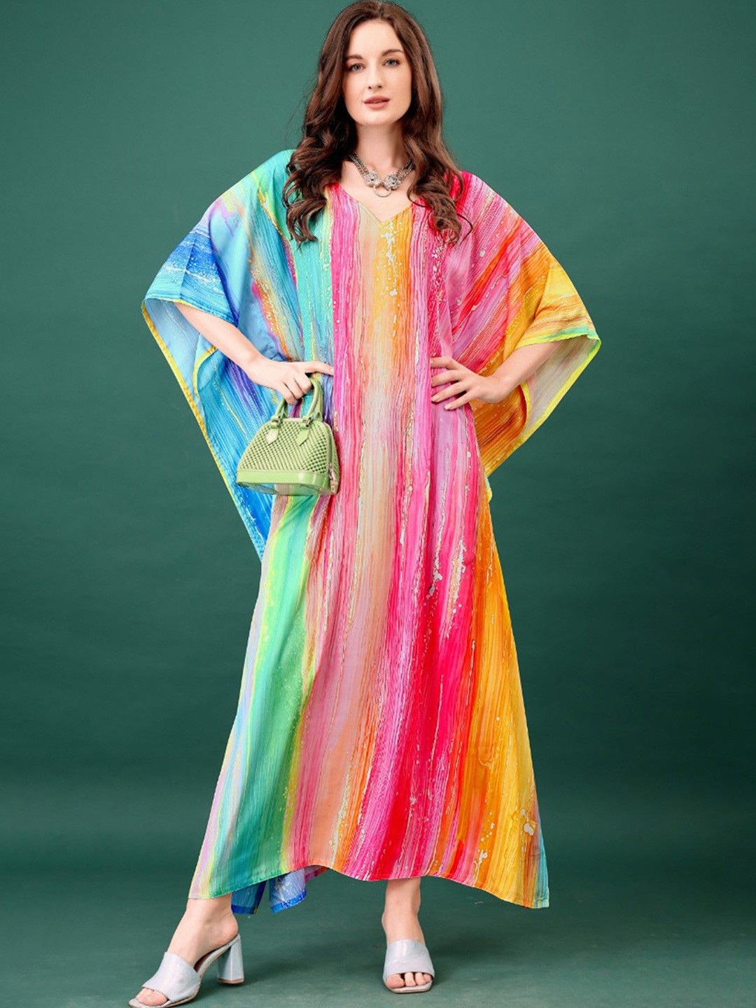 Exotic India Rainbow Stripes Printeda Long Kaftan with Fitting Belt