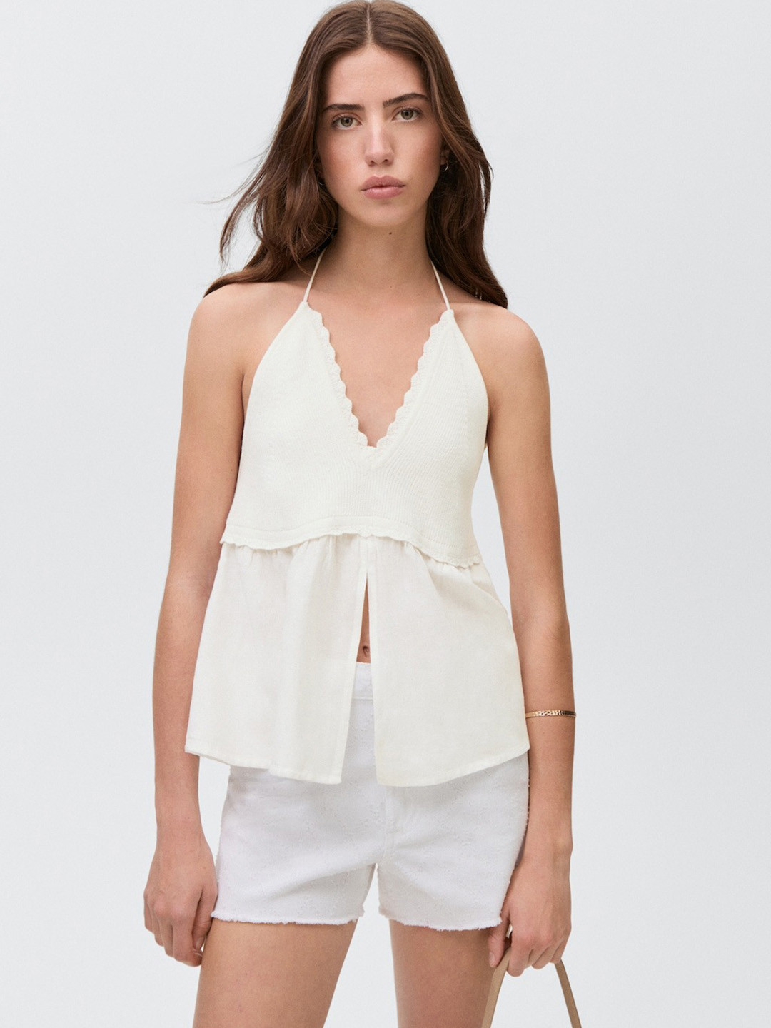 MANGO Knitted Shoulder Straps Smocked Detail Styled Back Top with Front Slit