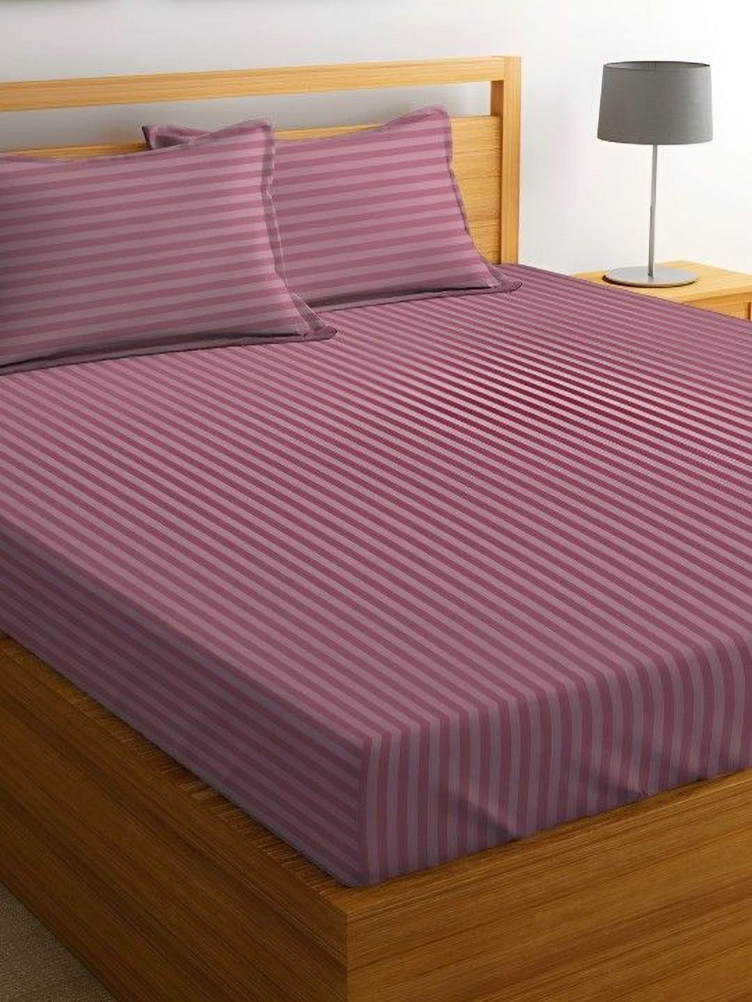 Aura Purple Striped Cotton 300 TC Queen Fine Bedsheet with 2 Pillow Covers-225 x 250 cm