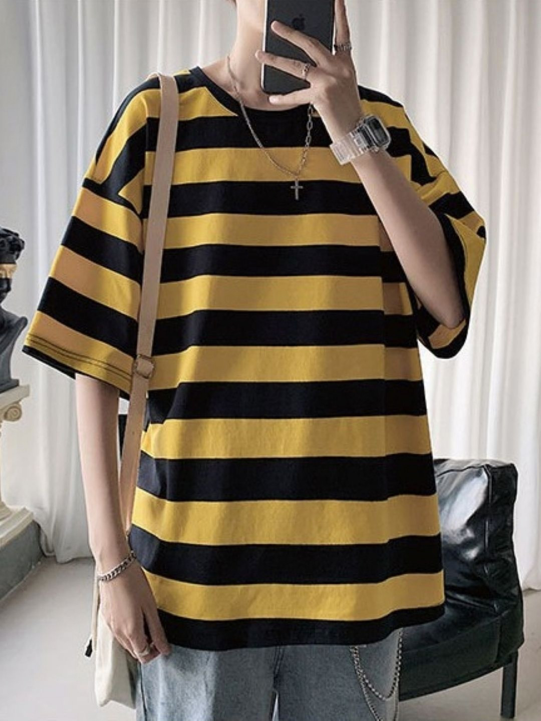 Yellow and Black Striped Oversized T-shirt
