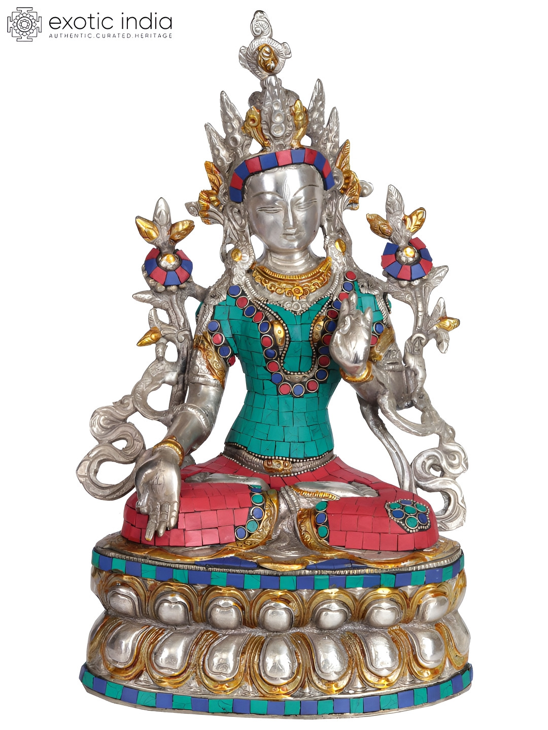 Exotic India Tibetian Buddhist Silver Brass Metallic Prayer Room Medium Showpiece - 14 Inches