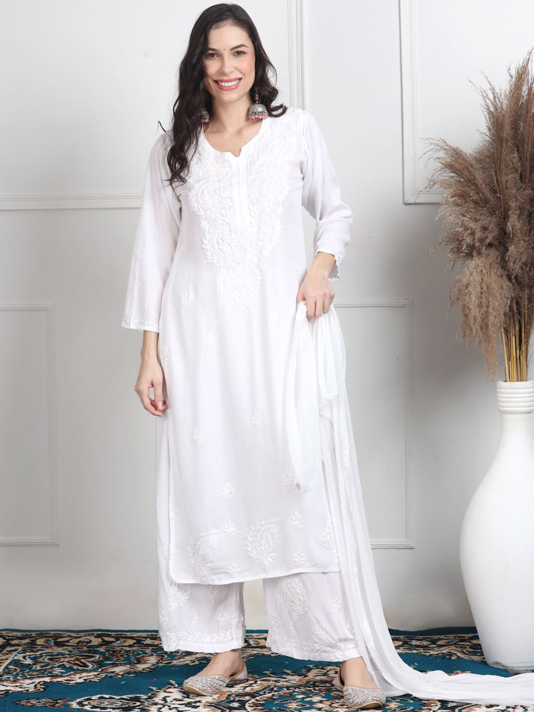 KHAKA Women Embroidered Chikankari Kurti with Palazzos & With Dupatta
