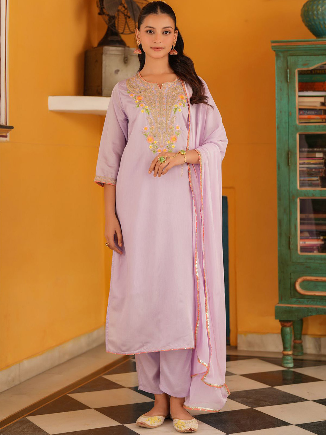 SCAKHI Women Lavender Chanderi Silk Zari Embroidered Straight Suit Set