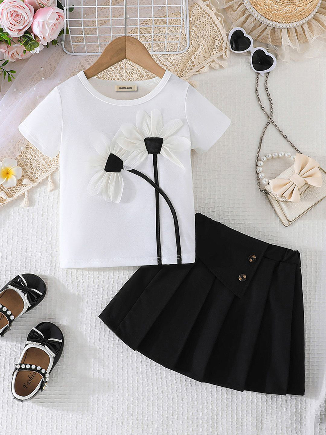 INCLUD Girls Self Design T-shirt With Skirt