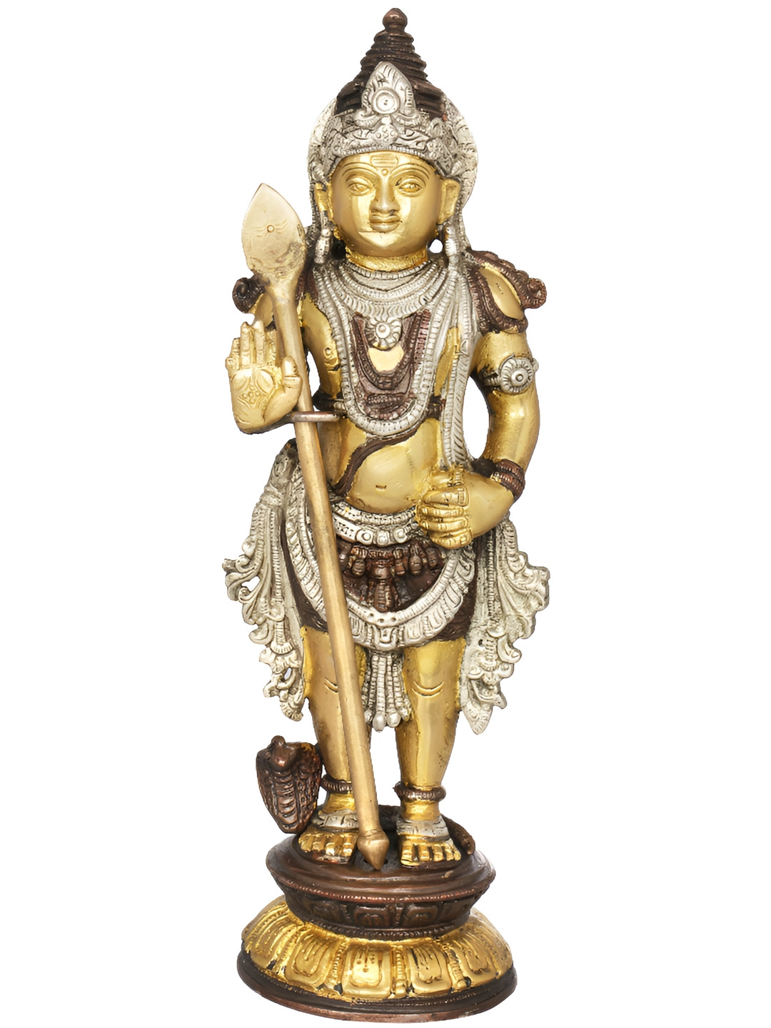 Exotic India Kumara Karttikeya Brown Brass Metallic Prayer Room Hand Made Tiny Showpiece - 11 Inches
