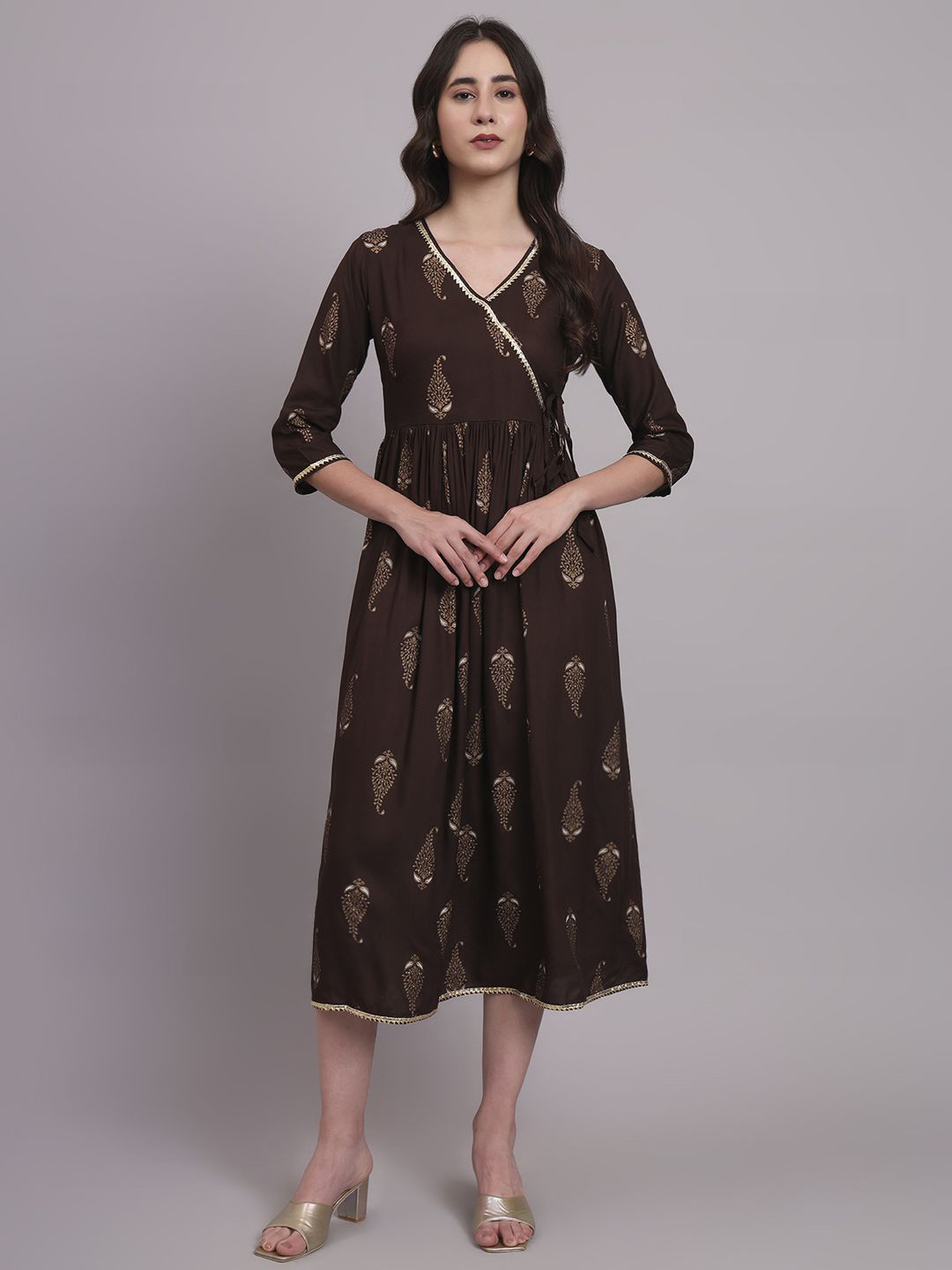 aayusika Printed V Neck Fit & Flared Midi Ethnic Dresses
