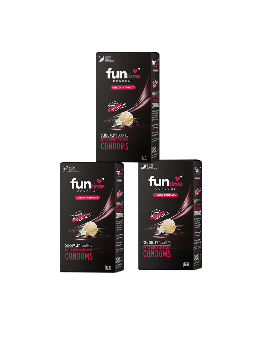 Funtime Pack Of 3 Ribbed Climax Control Condoms- Vanilla Flavour- 30 Pcs