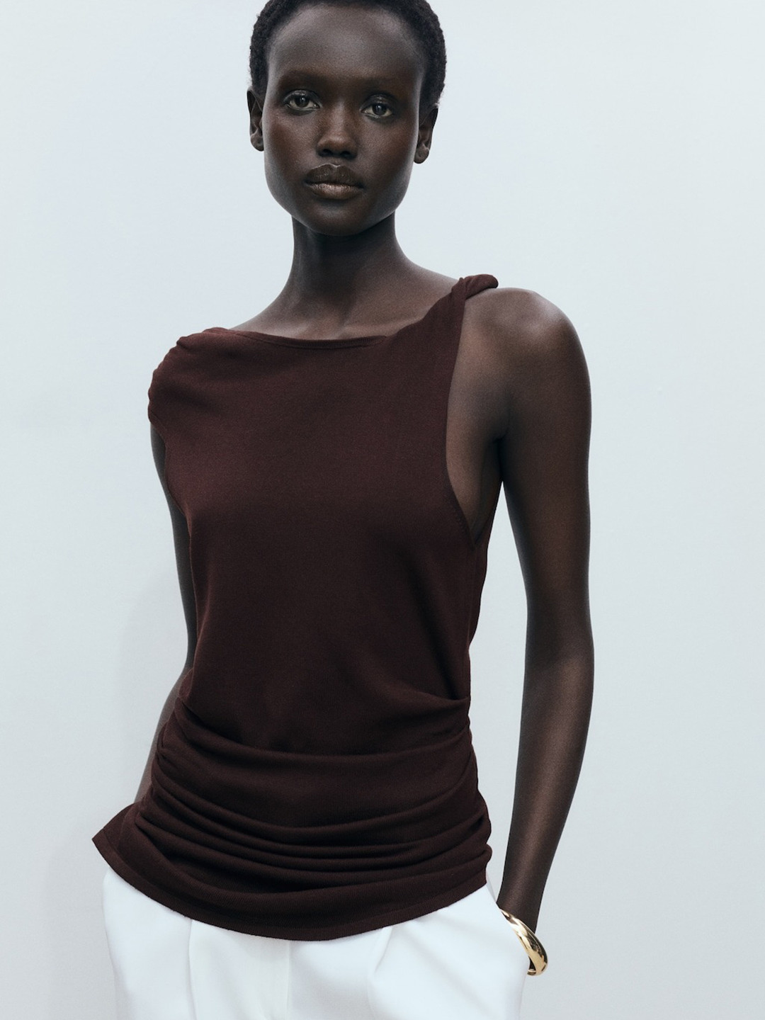 MANGO Asymmetric Neck Ruched Top