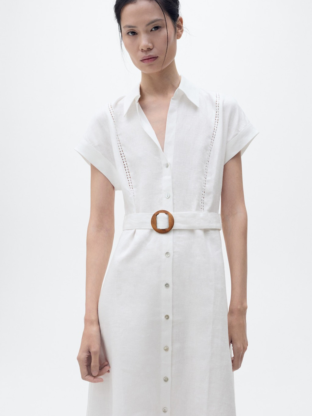 MANGO Lace Insert Detail Extended Sleeves Pure Linen Midi Shirt Dress with Belt