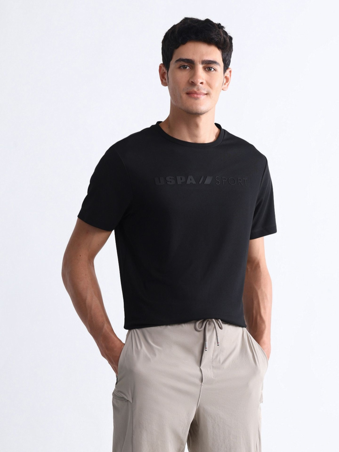 USPA Sport Brand Logo Printed Round Neck Short Sleeves Slim Fit T-shirt