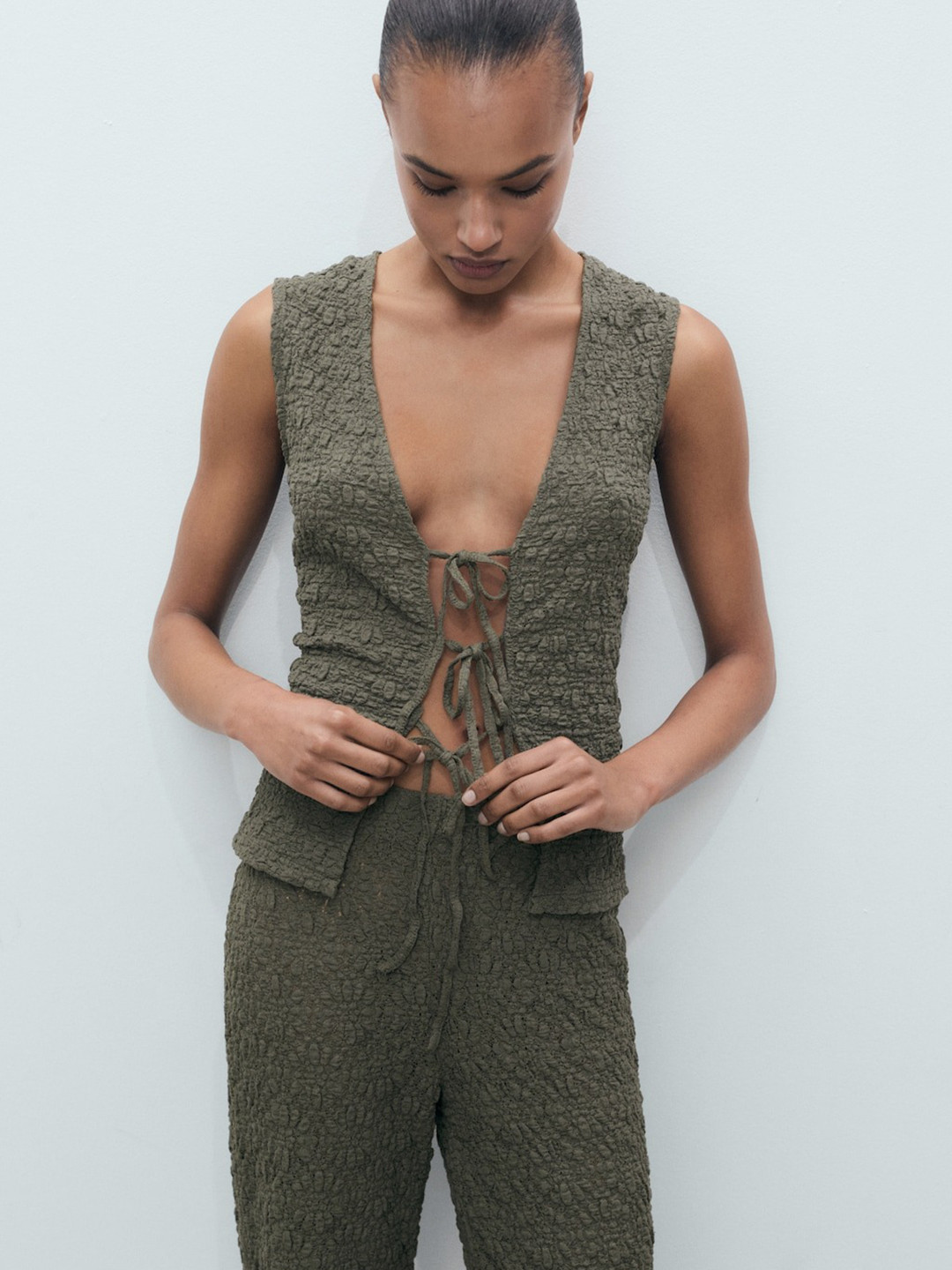 MANGO Texture Sleeveless Regular Top with Tie-ups