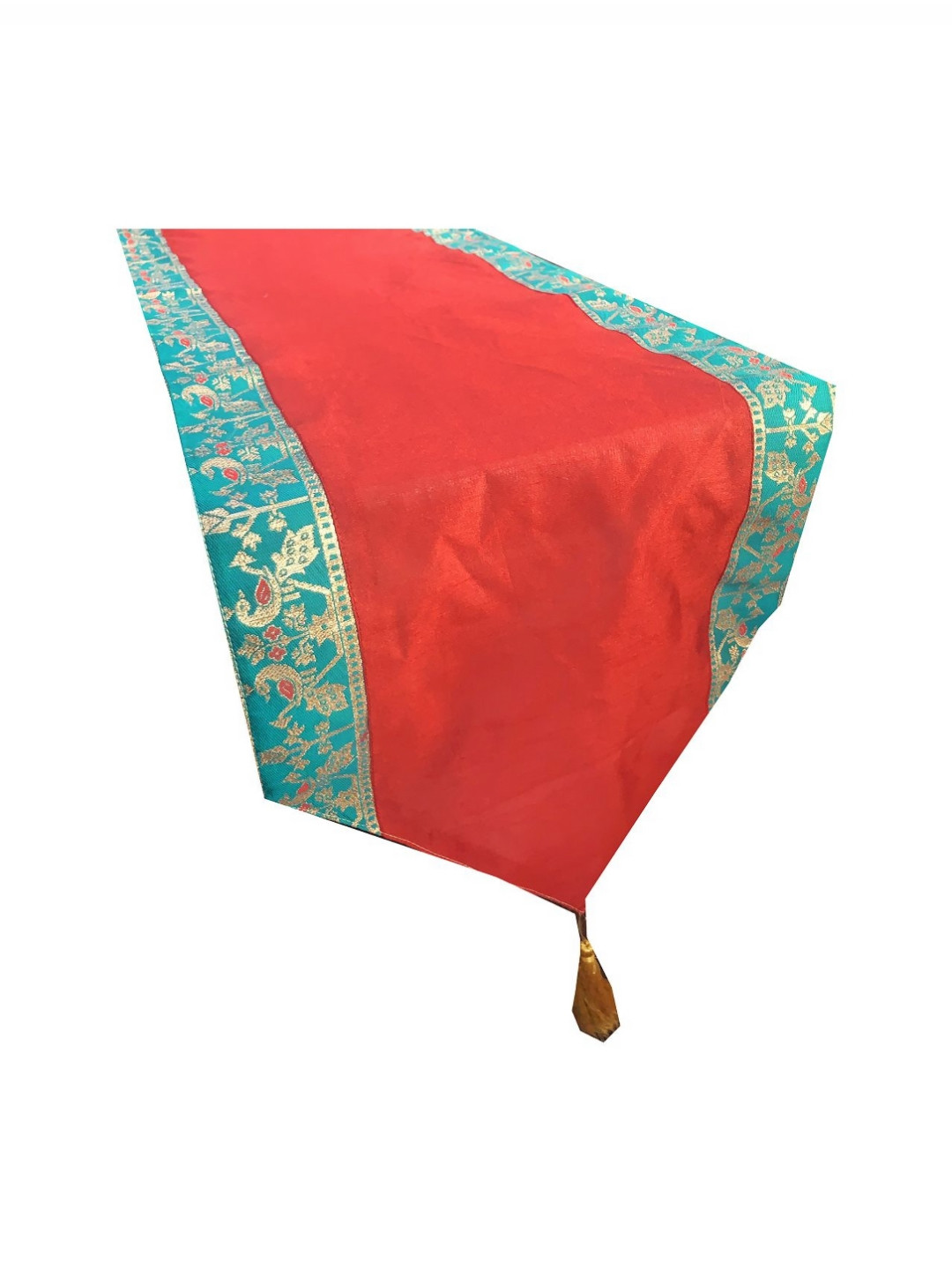Pink Parrot Red & Blue Ethnic-Motif Jacquard Silk Table Runner With Tassels