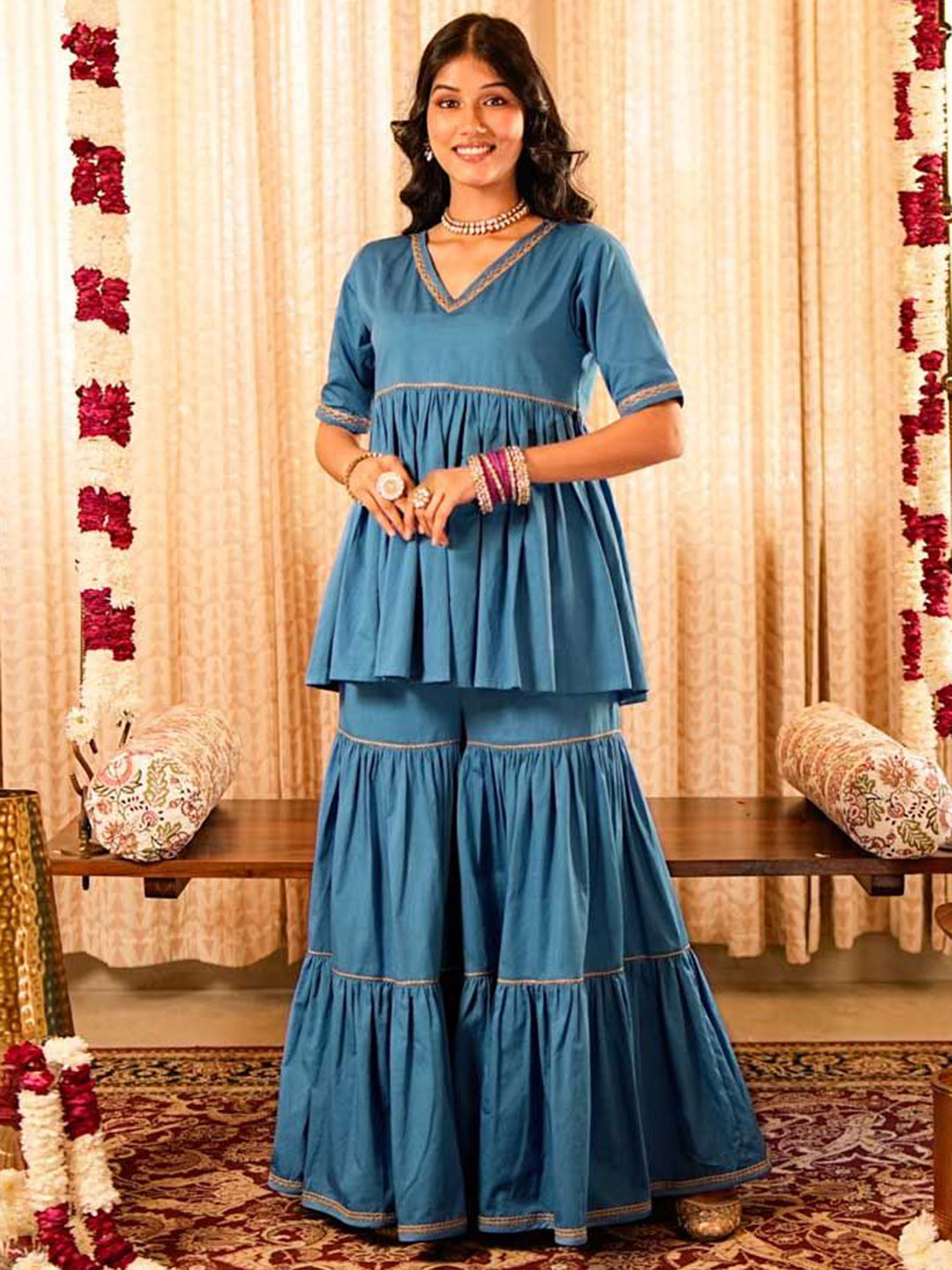 AKISO Gotta Patti Peplum Pure Cotton Short Kurta With Tiered Sharara & Dupatta