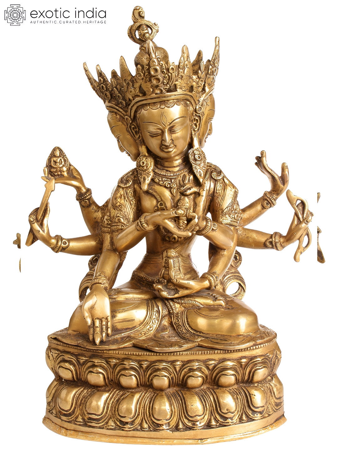 Exotic India Tibetan Buddhist Ushnishvijaya Gold Brass Metallic Prayer Room Medium Showpiece - 13.5 Inches