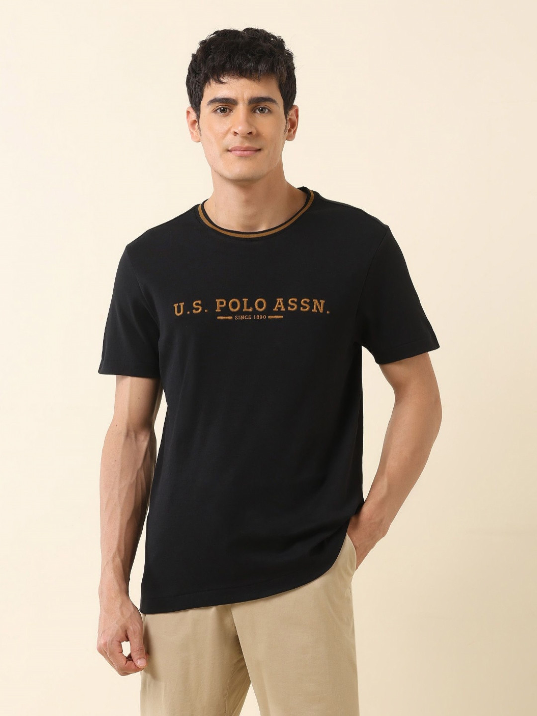 U.S. Polo Assn. Modern Monochrome Brand Logo Embroidered Pure Cotton Slim Fit T-shirt