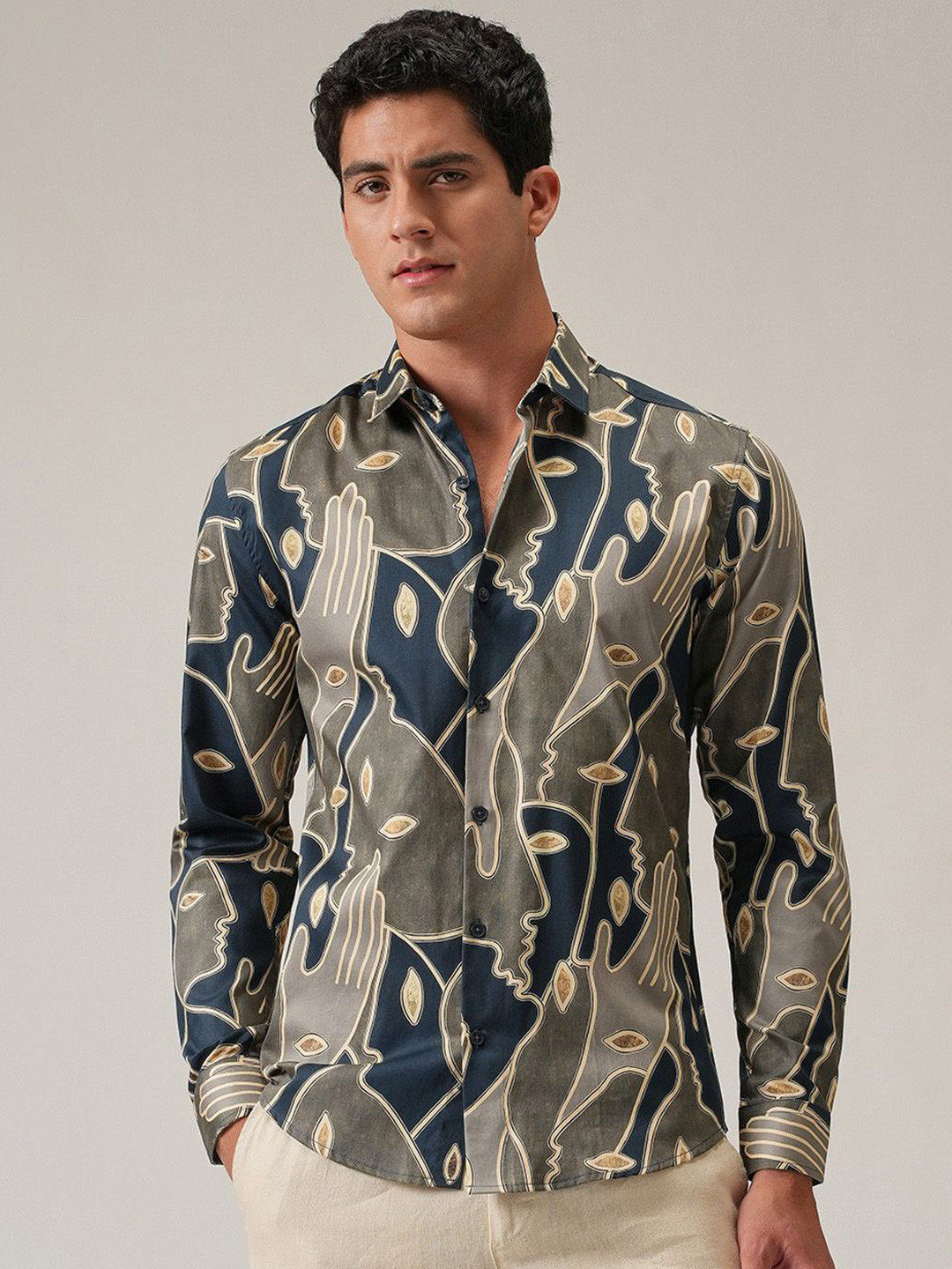 Banana Club Artistic Faces Printed Classic Slim Fit Shirt