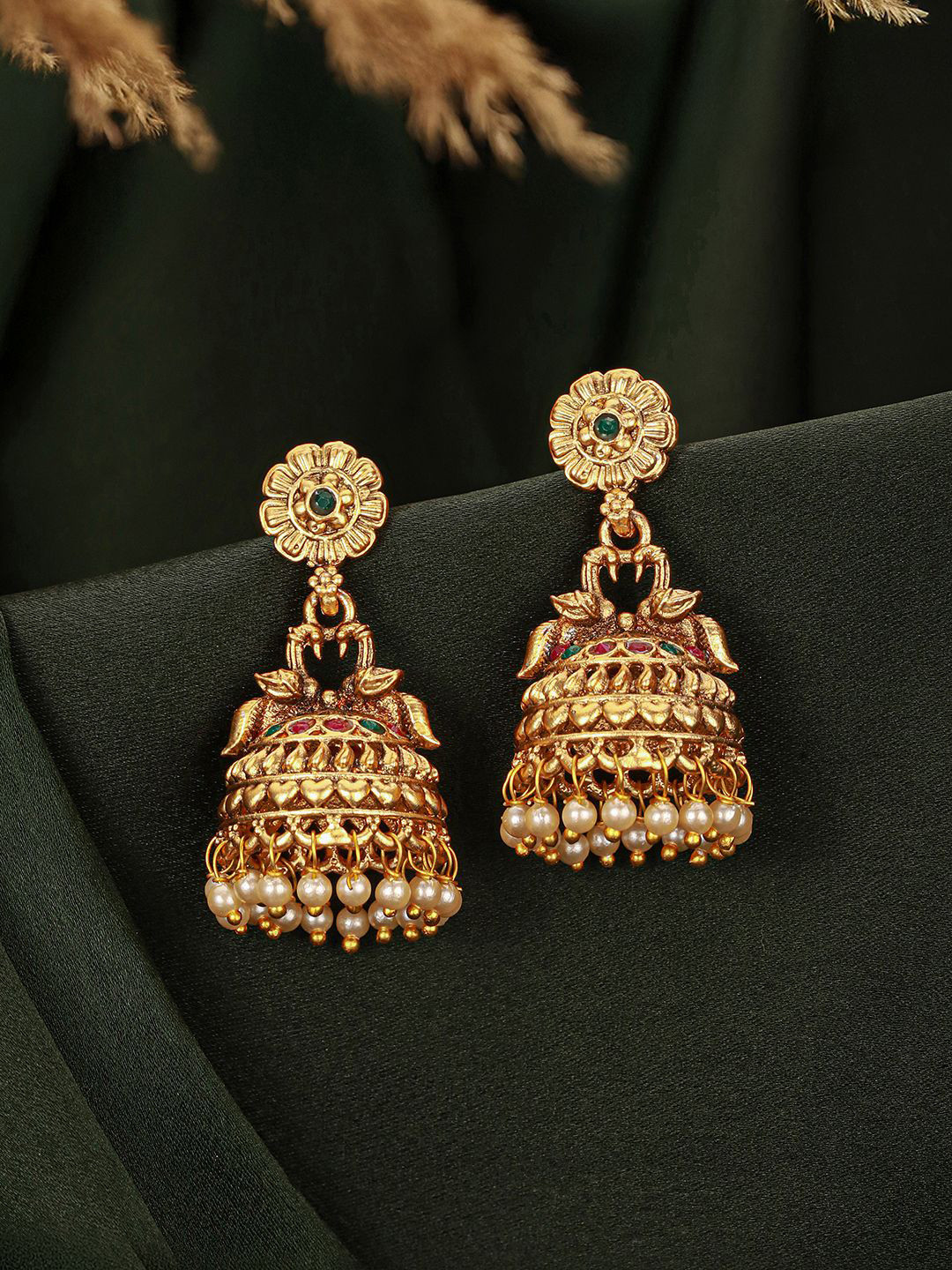 Saraf RS Jewellery Gold-Plated Kempo Studded and Beaded Dome Shaped Jhumkas