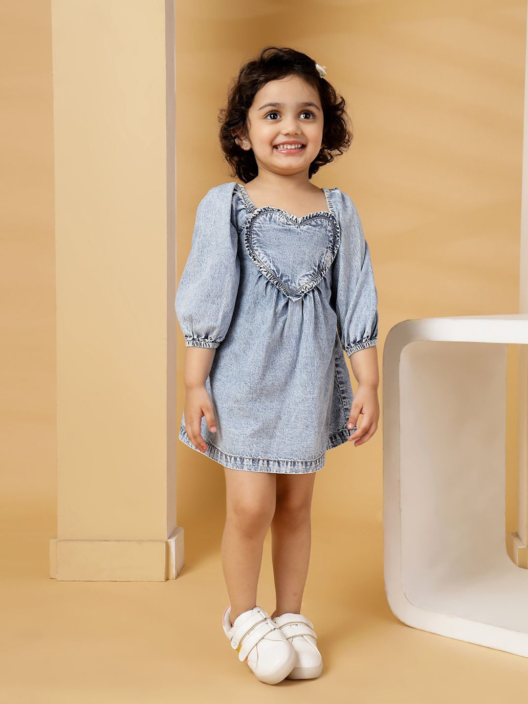 Budding Bees Girls Puff Sleeve Denim A-Line Dress