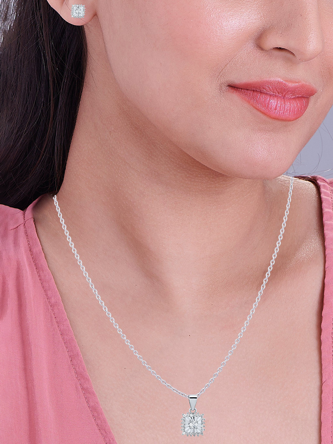 Nipura 925 Sterling Silver Rhodium Plated Cubic Zirconia Square Classic Jewellery Set