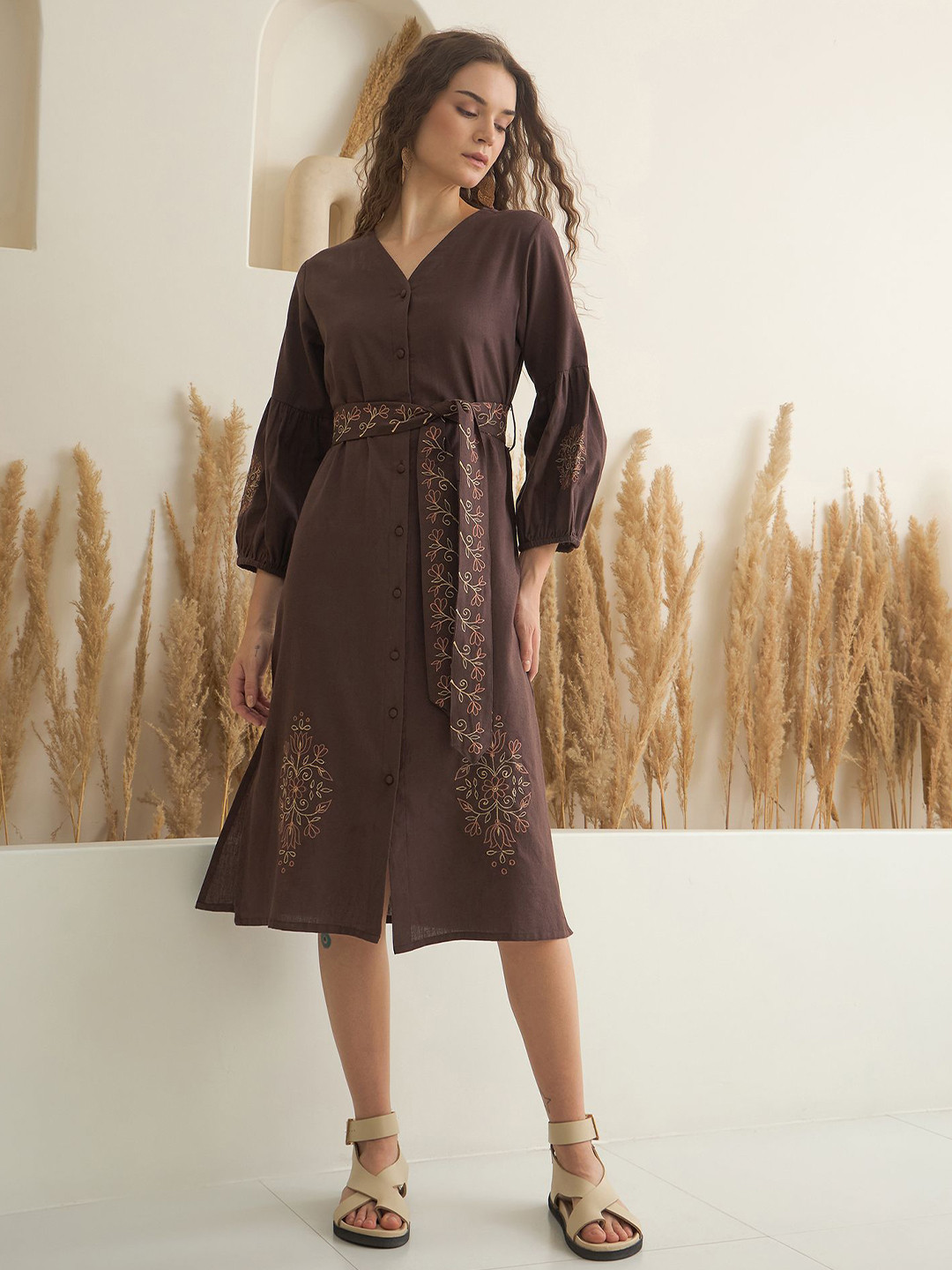 Sangria Printed Pure Cotton A-Line Dress With Waist Belt