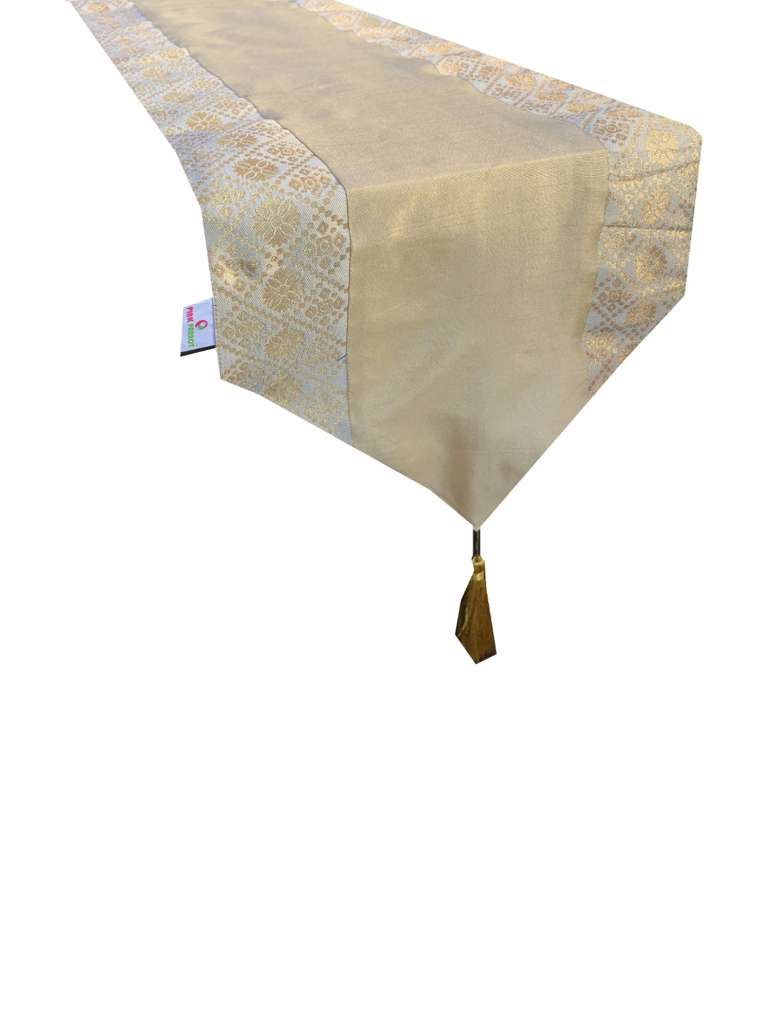 Pink Parrot White Ethnic-Motif Jacquard Silk Table Runner With Tassels